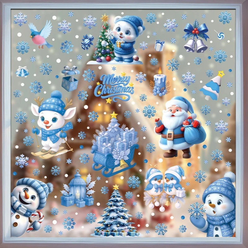 Blue Series Christmas Static Cling Stickers Bells Reindeer Santa Snowflakes Snowman Double Sided Visibility Glass Decals