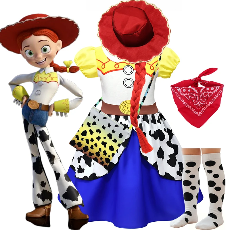 2026 Mädchen Cosplay Disney Toy Story Jessie Kostüm Western Cowgirl Kleid Halloween Party Fantasia Outfit Kinder Cowboy Hut Schal