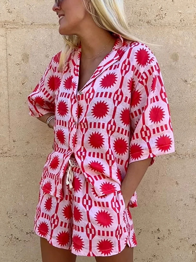 2 Pieces Set Sexy Fashion Women Set Female Tops Flower Print Short Sleeve Shirt And Elastic Waist Shorts Suit 2023 Autumn Summer