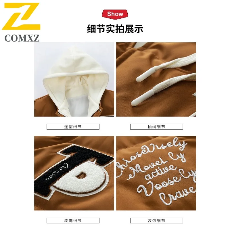 COMXZ 2025 New Teen Men Fake Two-Piece Cotton Jacket Hooded Thickened Trendy Stitch Winter sport Outerwear School Daily Outings​