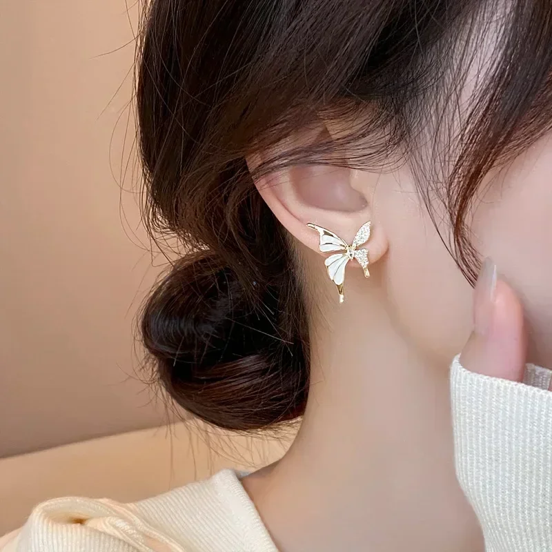 Korean Elegant Butterfly Stud Earrings for Women Light Luxury Shiny Zircon Flower Versatile Earring Party Jewelry Gifts