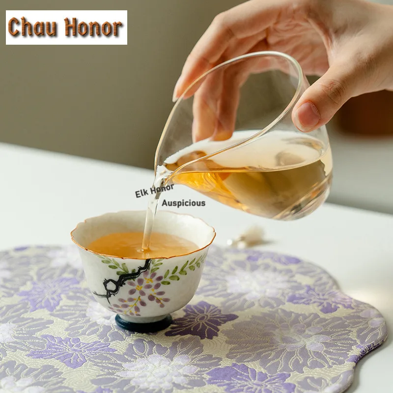 80ml Hand-painted Wisteria Flowers Teacup Antique Tea Bowl Tea Cup Set Tea-tasting Fragrance Cup Jianzhan Master Cups Drinkware