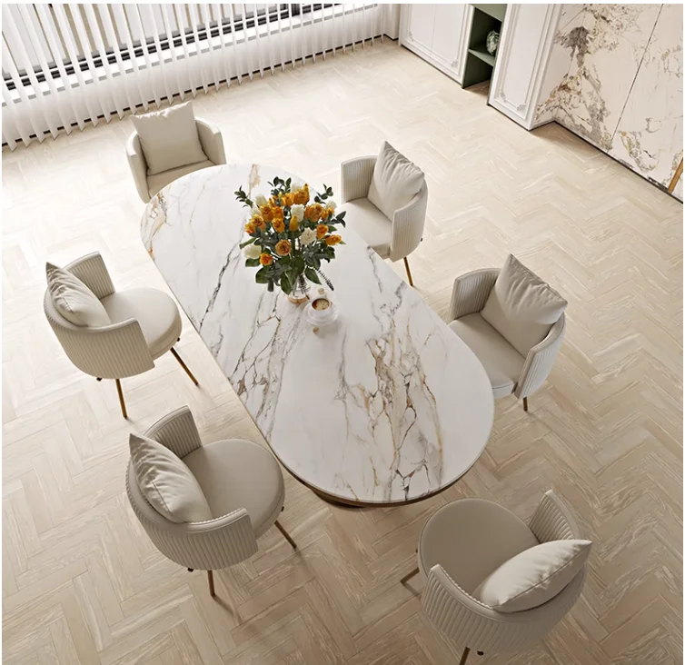 

Modern Italian light luxury natural marble table minimalist large apartment high-end oval dining table and chair combination
