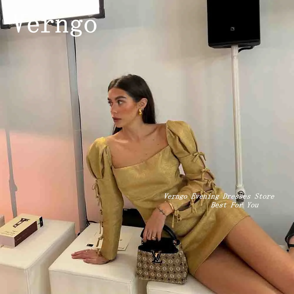 

Verngo Ginger Glitter Mini Prom Gowns For Women Square Collar Short Party Dress Full Sleeves Evening Dress Outfit