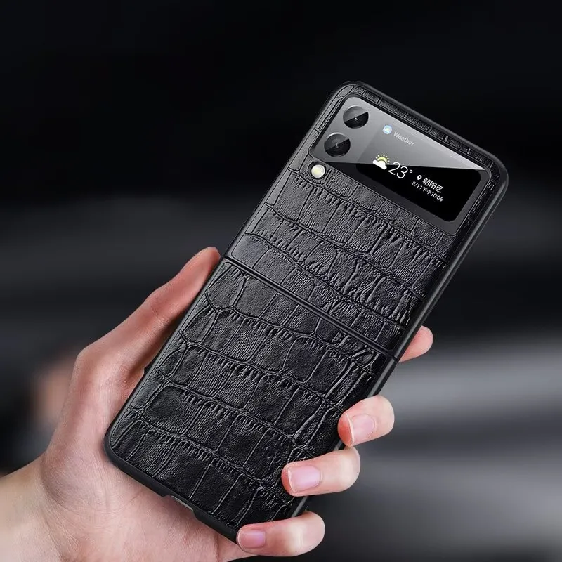 Genuine Cowhide Leather Case For Samsung Galaxy Z Flip 5 4 3 Flip4 Crocodile Pattern Alligator Skin Texture Shockproof Cover
