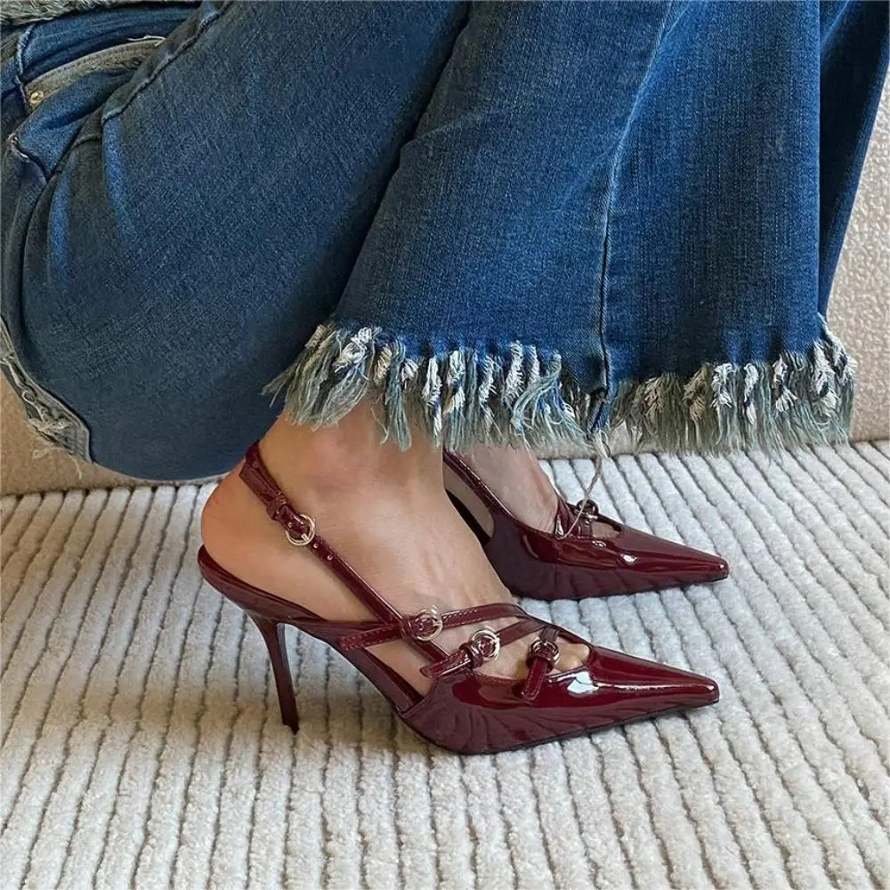 CHMURY Dark Cherry Heels Shoes For Women 2024 Evening Pointed Toe Wine Black Elegant Classy Slingback Pumps Peach Shoes Ladie