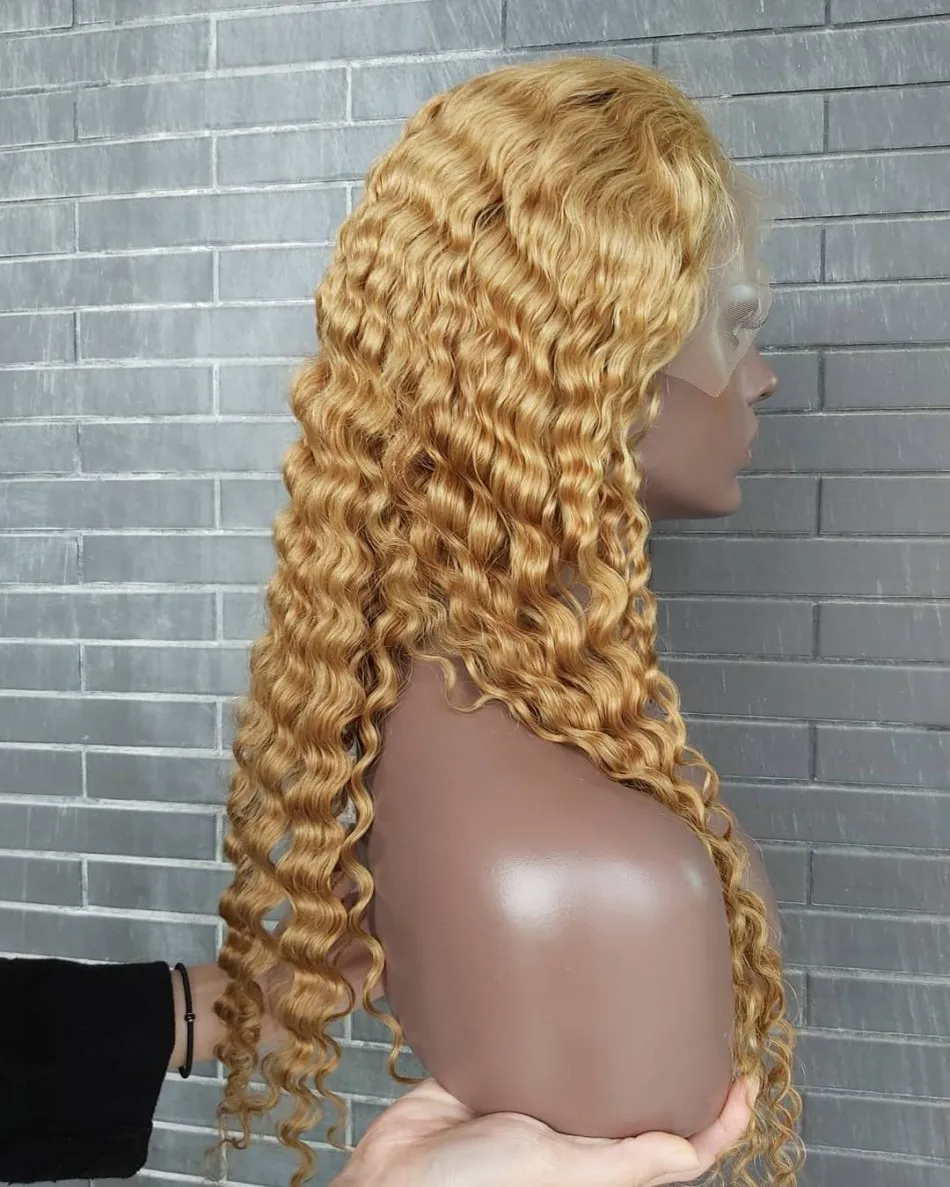 Honey Blonde Wig Human Hair Deep Wave Hd Lace Frontal Wig 13X6 Lace Front Wig Curly Colored 27 Preplucked 250 Density 30 38 Inch