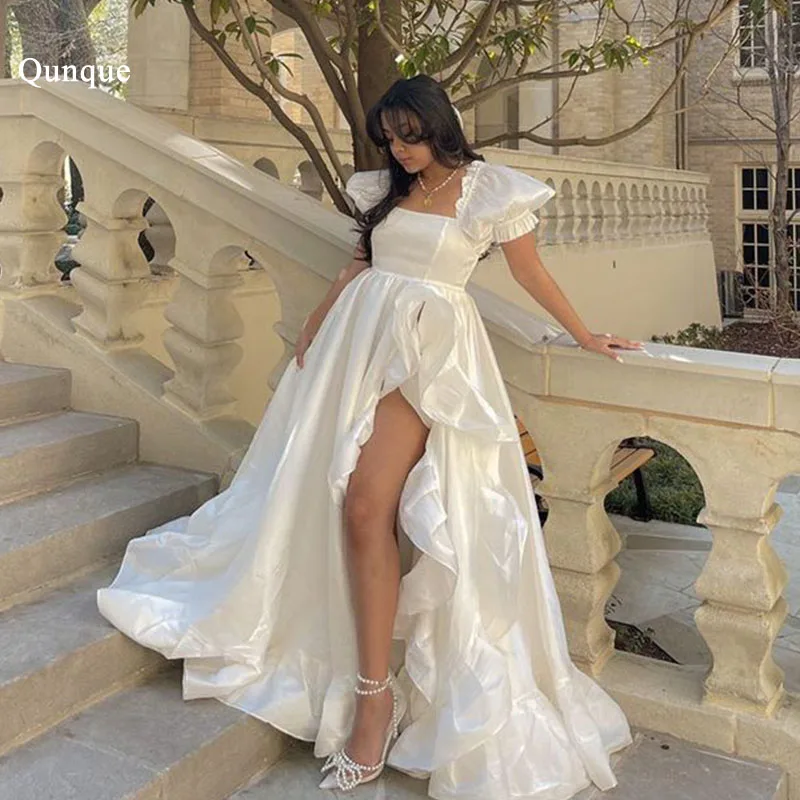 

Qunque Elegant Taffeta Leg Slit A-line Prom Dresses Cap Sleeves Long Formal Party Gowns For Bride Evening Vestidos De Fiesta