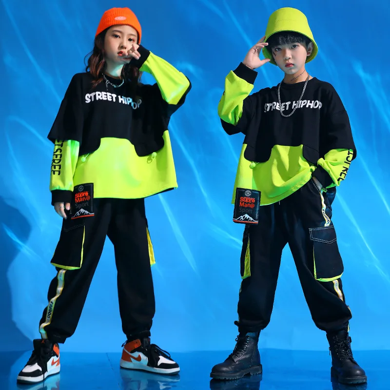 

Children's Hip-hop Suit Spring Autumn 2024 Boys Girls Performance Suit Sports Pure Cotton Two-piece Halloween Jazz Dance Costume