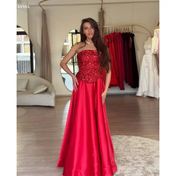 Sansa Customized Red Glitter A-line Prom Dresses Sleeveless Elegant فساتين سهراتStrapless Floor-length فساتين للمناسبات الخاصة