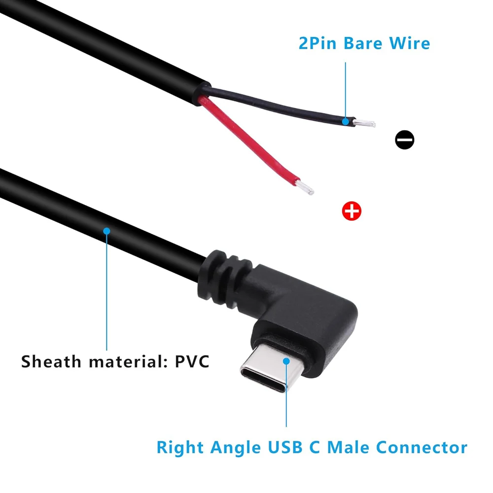 รูปสินค้า สายไฟ USB C เป็น 2 พินแบบปลายเปิด สายไฟ USB Type C ชาย 90 องศา สายพิกเทล 2 พิน สำหรับสาย DIY USB Type C 5V