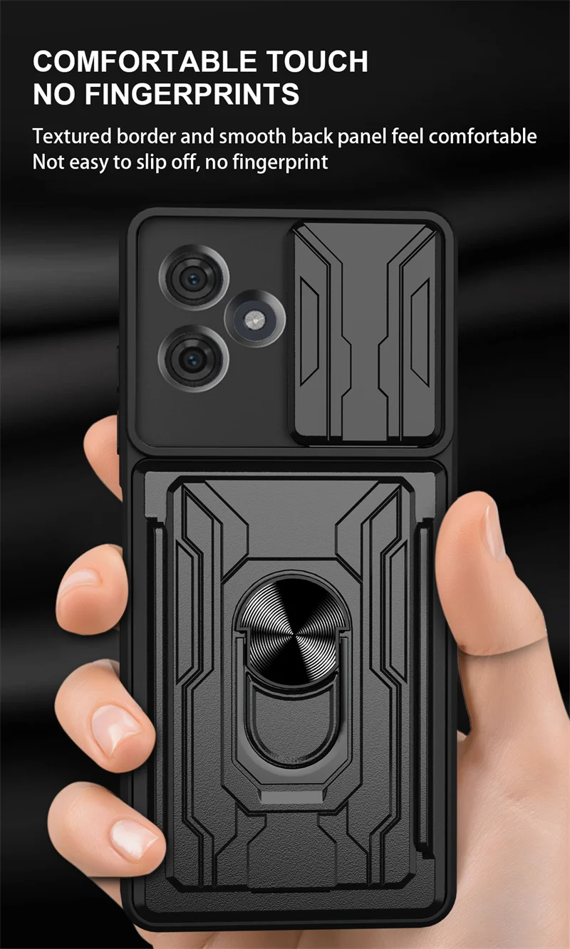 Durable Shockproof Armor Case with Card Holder & Slide Lens Protector