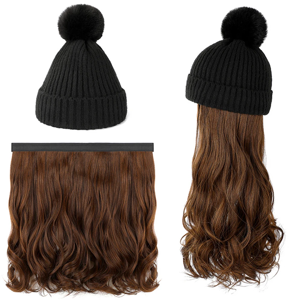 Winter Female Hat Wig With Curly Hair Extensions Synthetic Wave Wig Cap Dismountable Stylish Outdoors Beanie For Camping Hiking
