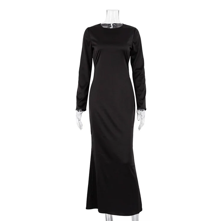 Hollow Out Satin Fashion Maxi Dress Female High Waist Slim Scoop Neck Long Sleeve Dress Solid Zipper Party Dress Summer