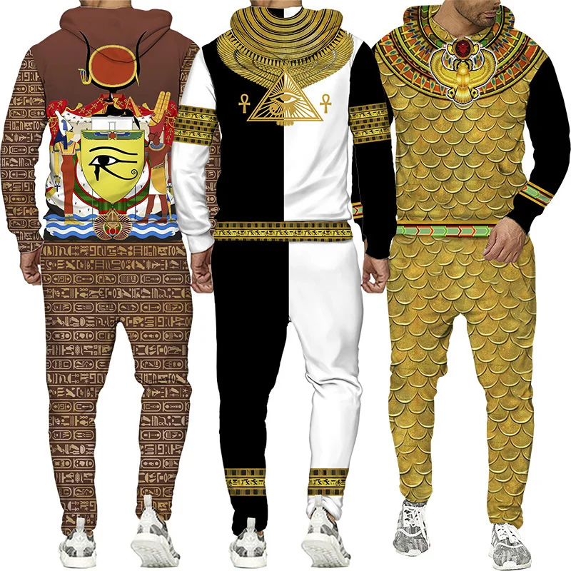 S-6XL Mărime mare 3D Jachetă pentru bărbați cu imprimeu egiptean Hanorac cu pantaloni Set Trening pentru bărbați Iarnă și toamnă Sport Umăr bărbătesc_voghion.com