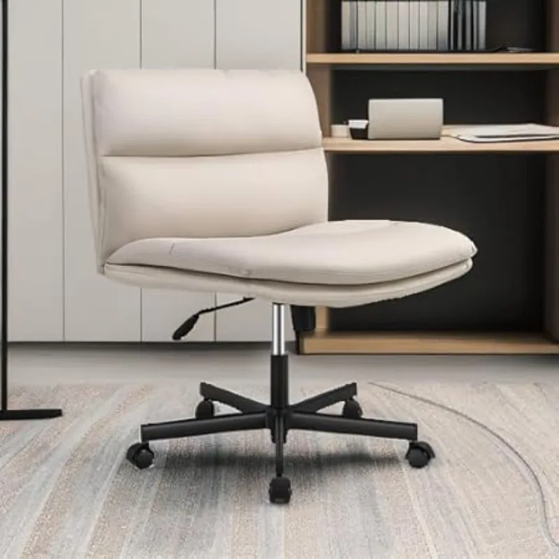 Armless Office Desks Chair with Wheels PU-Padded Vanity Chair Mid-Back Ergonomic Home Office Computer
