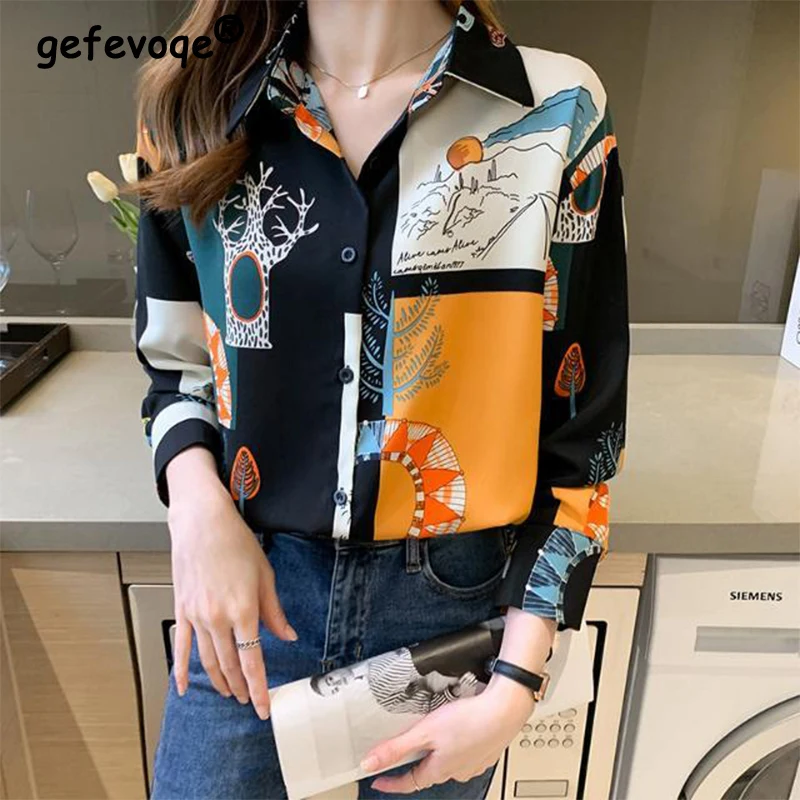 Spring Summer Casual Fashion Printed Cardigan Blouse Female Long Sleeve Elegant All-match Buttons Top Women Temperament Shirt