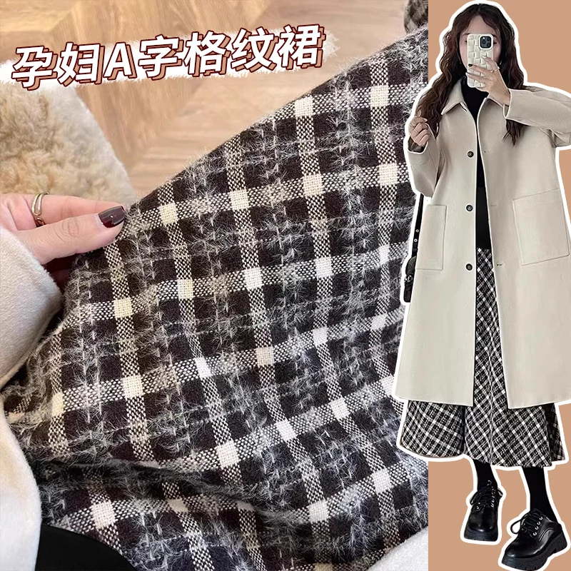 Winter Pregnant Woman Plaid Empire Skirt with Pockets Plus Size Large Hem Long Loose Maternity Belly Skirt Woolen Umbrella