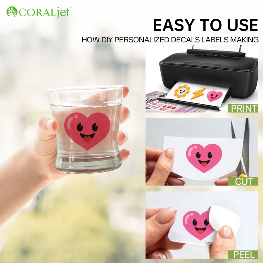 Coraljet 20 Sheets Clear Sticker Paper Waterproof Transparent A4 8.3"x11.7" Self-Adhesive for Inkjet Printer Glossy High Clarity sticker paper,printable sticker paper