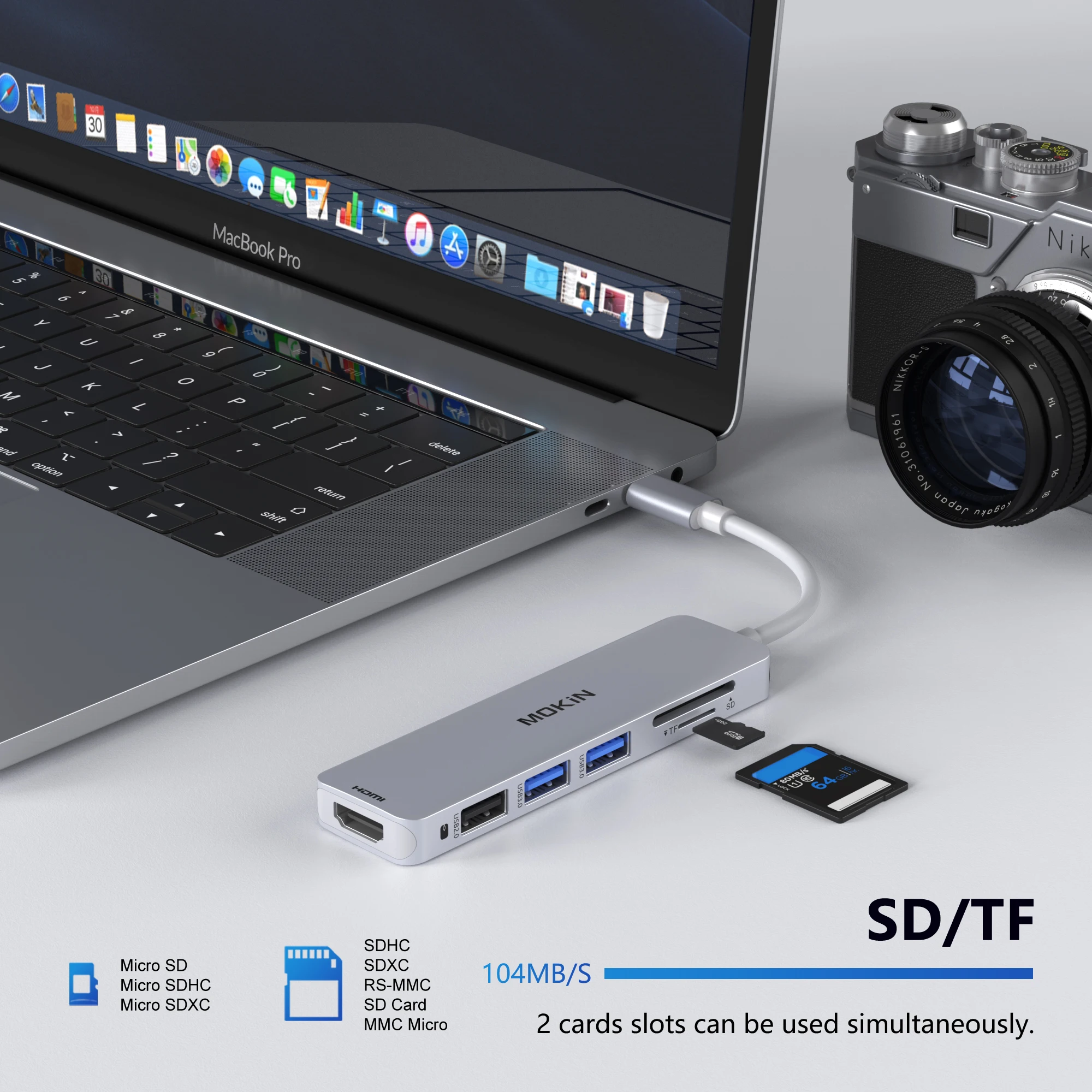 MacBook Air/Pro, iPad용 MOKiN 6 in 1 도킹 스테이션 - USB3.0, HDMI 4K30Hz, SD, TF - 향상된 생산성 및 연결성
