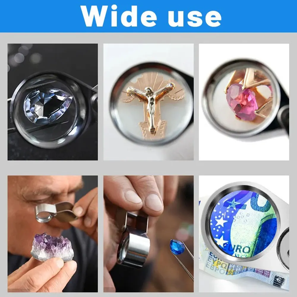 Magnifying glass 40X Jewelers Loupe Magnifier Metal Magnifying Glasses LED UV Illuminated Jewelry Loop Pocket Folding Magnifying Glass for Coins