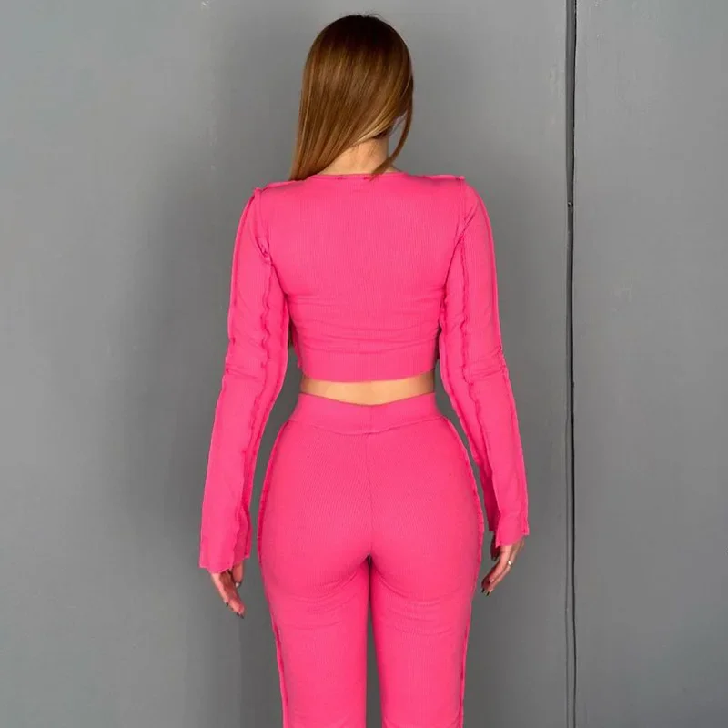 Women's Stripes Two Piece Set Pants Suits O Neck Long Sleeve Casual Suits Homewear Crop Tops Y2k High Waist Solid Colors YWFD027