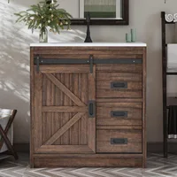 31 Inch Farmhouse Sliding Barn Door Bathroom Sink with Sink Combination, Drawers and Metal Handles 1