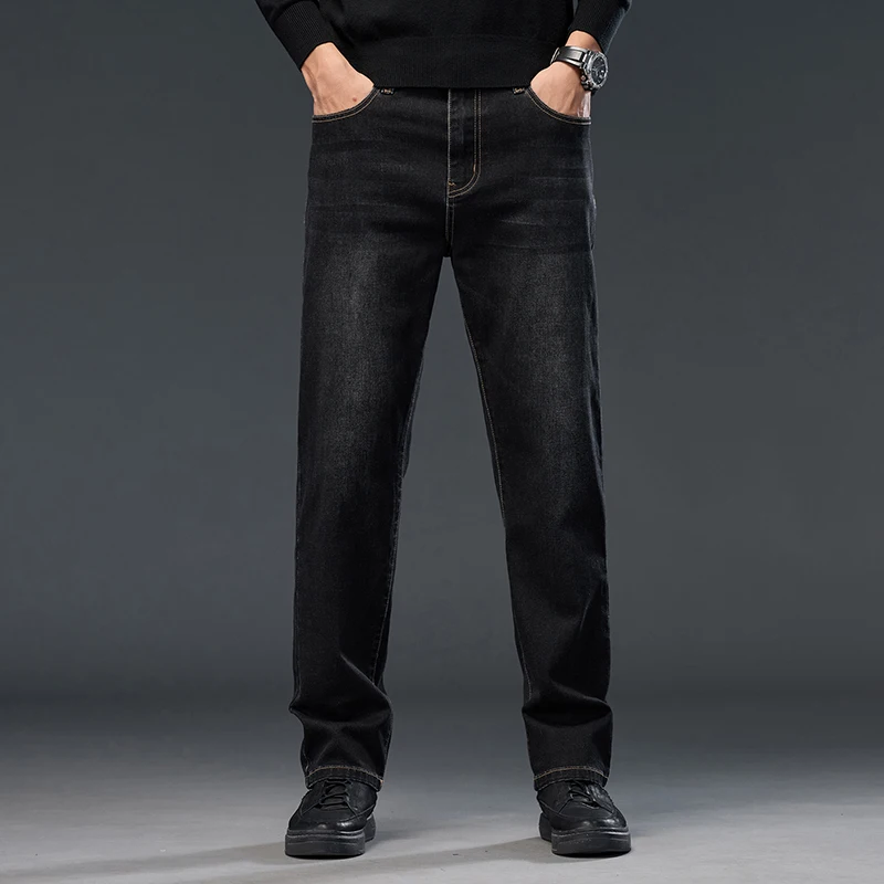 Men's Jeans Autumn New High Waist Business Casual Straight Trousers Classic Blue Black Elastic Washed denim Pants Brand Clothing 5