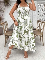 Plus Size 2025 Summer New Holiday Floral Halter Dress with Ruffle Hem and Gathered Bust Plus Size Dress Polyester - Image 4