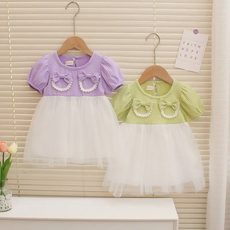 

Girls' Summer Short Sleeve Mesh Skirt Little Girl Princess Skirt Foreign Fluffy Skirt Little Fresh Lady Doll Skirt