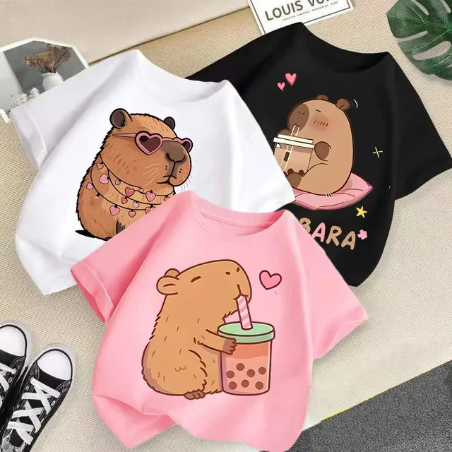 2025 Summer New Cute Animal Kapibala Fashion Printed Children's T-shirt Short Sleeve Fashion Pure Cotton Children's Clothing