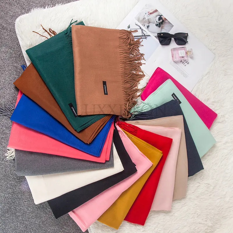 

Зимние кашемировые шарфы для женщин, толстые теплые шали из пашмины, обернутые однотонными кисточками, для женщин, одеяла, хиджаб Bufanda