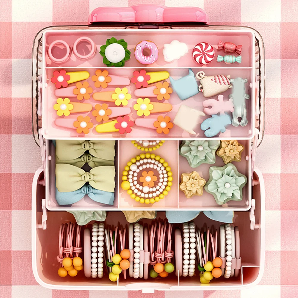 

Cute Bow Girl Jewelry Storage Box Portable Hairband Clip Head Flower Multi-layer Compartment Pink Accessories