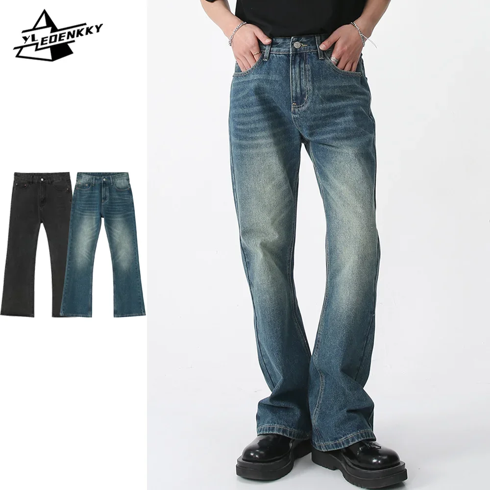 

High Street Jeans Men Women Korean Style Retro Slim Denim Pants Harajuku Distressed Flared Trousers Hip Hop Fashion Streetwear