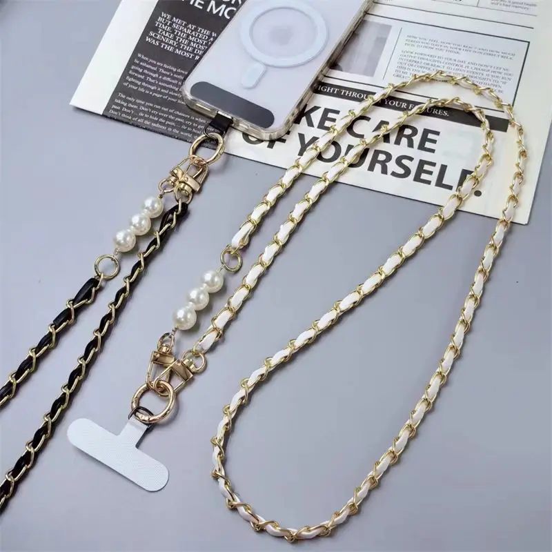 Elegant Pearl Accent Phone Lanyard -Braided Leather&Metal Chain Strap with Universal Phone Case Adapter,Crossbody Bag Decoration