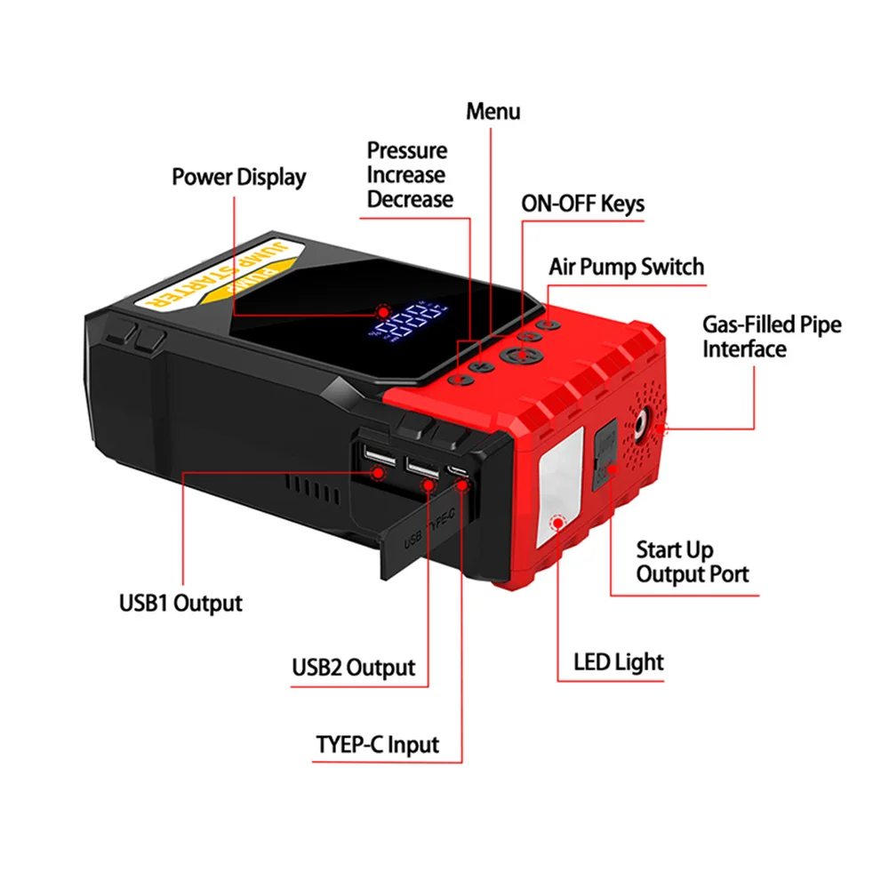 4 In 1 1000A Car Jump Starter Power Bank 10000mAh 150PSI Air Compressor Tire Pump Portable Charger Car Booster Starting Device