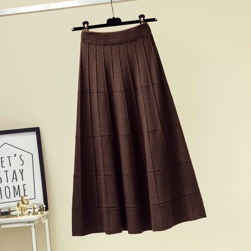 Vintage Pleated Skirt Women Knit High Waist A-Line Soft Casual Elegant Fall Winter Korean Fashion Lady Long Skirts Faldas Largas black midi skirt Skirts