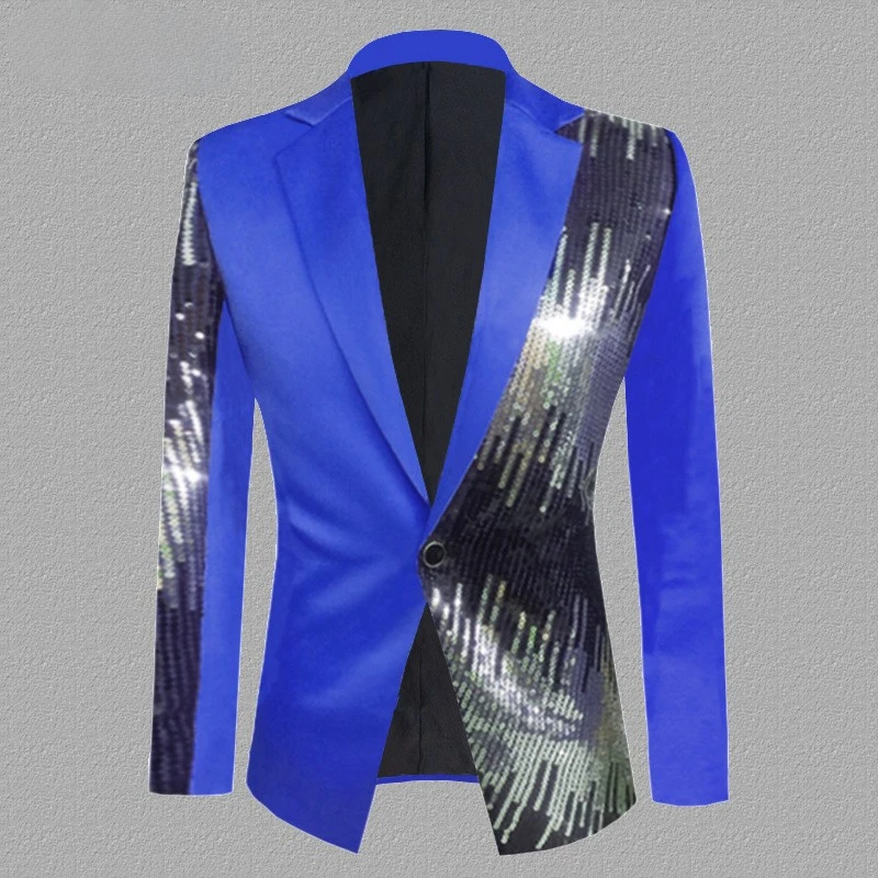 Fashion Men's Sequin Suit Jacket Blue Red Stage Party Dance Singer Nightclub Costume Top Slim Fit Performance Dress Blazer Coat