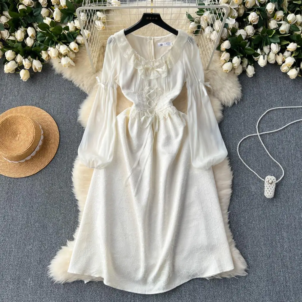Autumn Elegant Wedding Princess Party Dress Women Korean Jacquard Fairy Vintage Lace-up Lantern Sleeve Dresses Vestidos