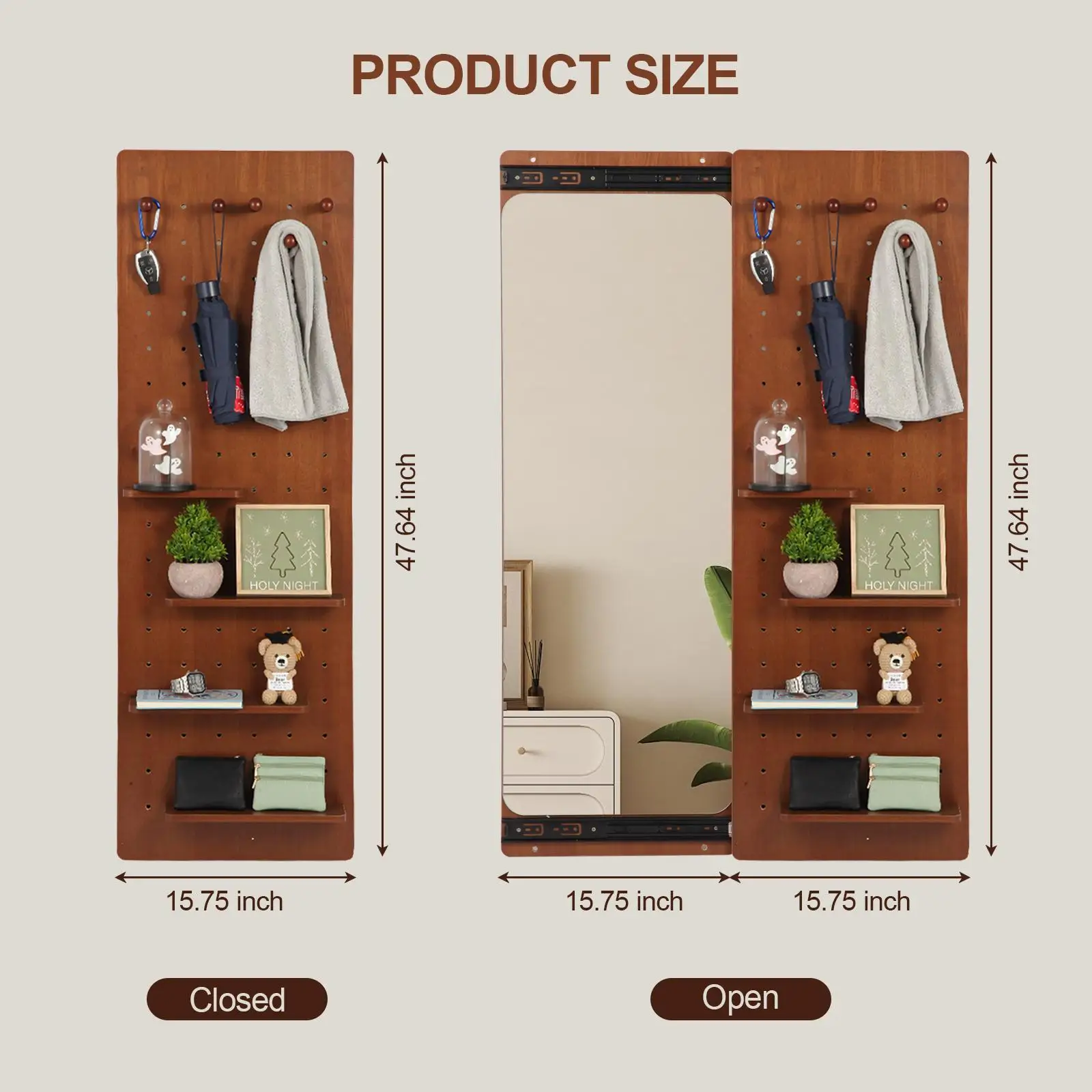 Wall Mounted Full Body Mirror with Storage Multifunctional Wooden Frame Mirror Panel for Living Room Bedroom