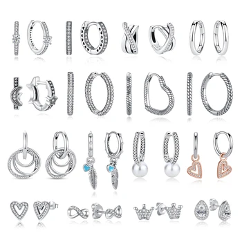 Pendientes de plata de ley 925 originales, pendientes de aro de cristal 2025 para mujer, corona de oro rosa, corazón, pendiente de abeja infinita, joyería