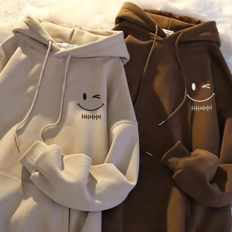 Women's Smiling Face Funny Fashion Couple Hooded Sweater American Heavyweight Loose Thickened Cashmere Boys' Hoodie Pullover Top