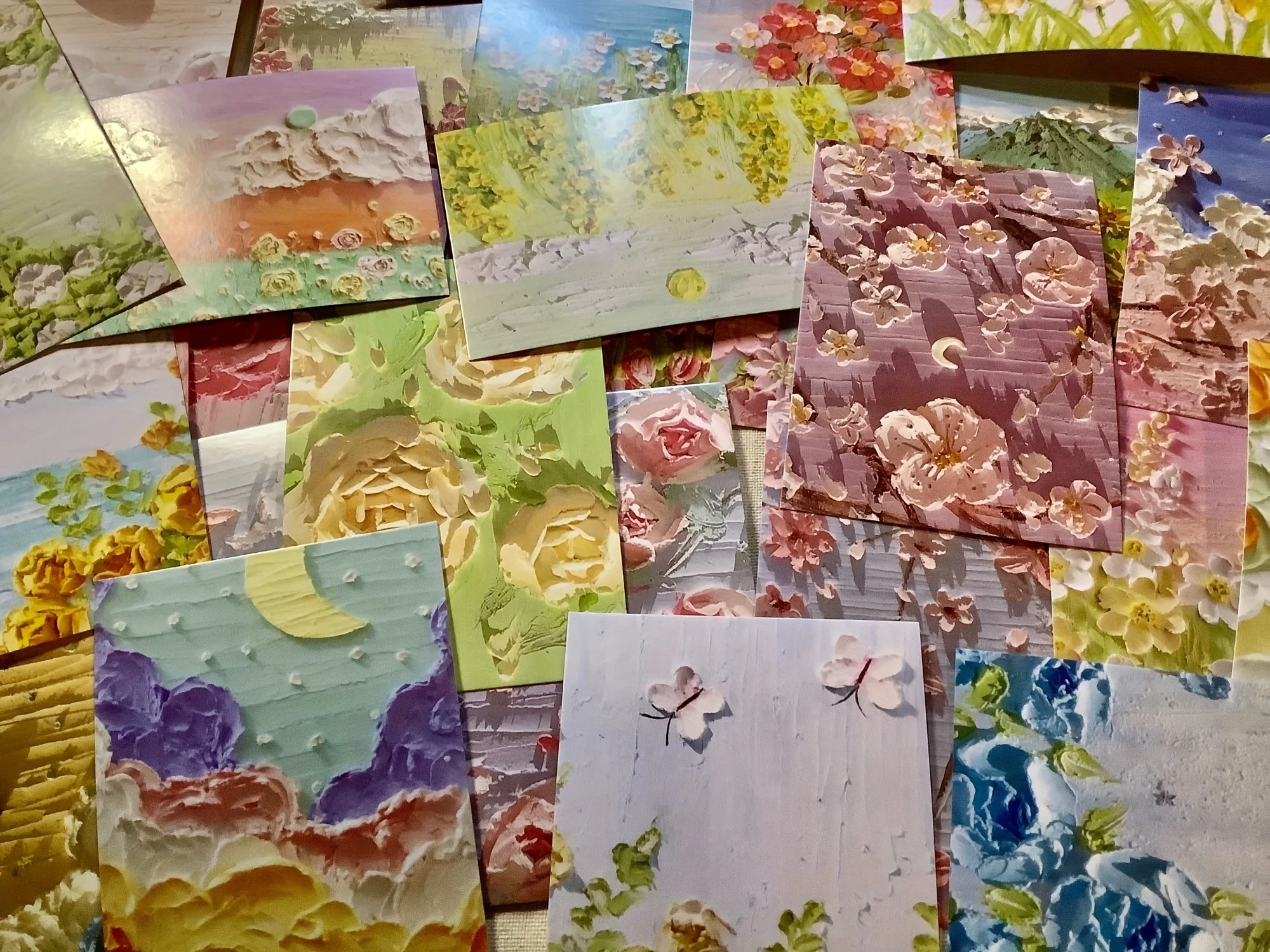 Neue 30-Ölgemälde-Postkarten, Kunst-Grußkarten, geschichtete Kunst-Grußkarten, Flower and Grass Mountain Butterfly Moon – Detail 5