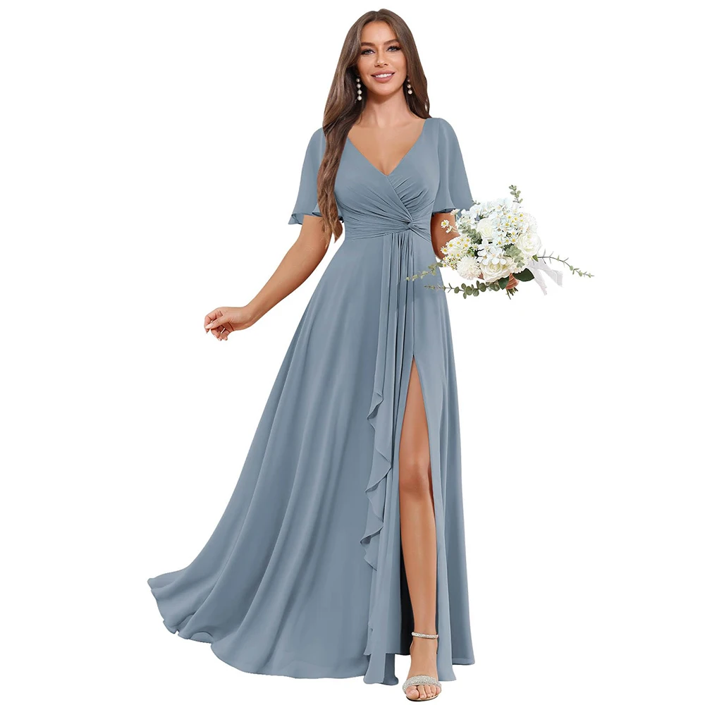 Elegant Chiffon Bridesmaid Dresses with Sleeves A Line Pleated Formal Evening Party Gown with Slit V Neck Wedding Party Dress - 6