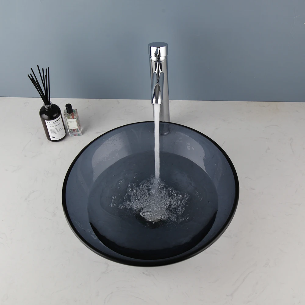ZAPPO Bathroom Sink Tempered Glass Basin Above Counter Grey Vessel Sink Bowl Bathroom Vessel Sink Chrome Faucet W/ Drain Combo 6