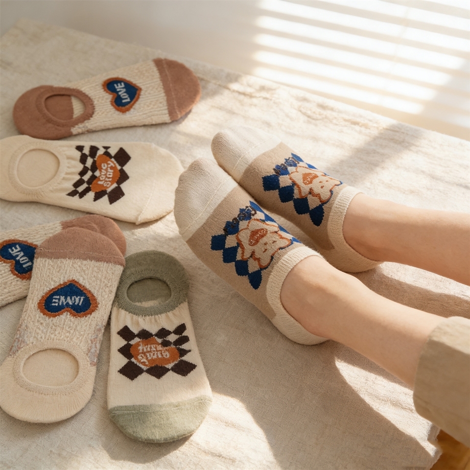 5 Pairs Fashion High Quality Streetwear Cartoon Pattern Boat Socks For Women Cotton Summer Casual Knitting Invisible Ankle Sock