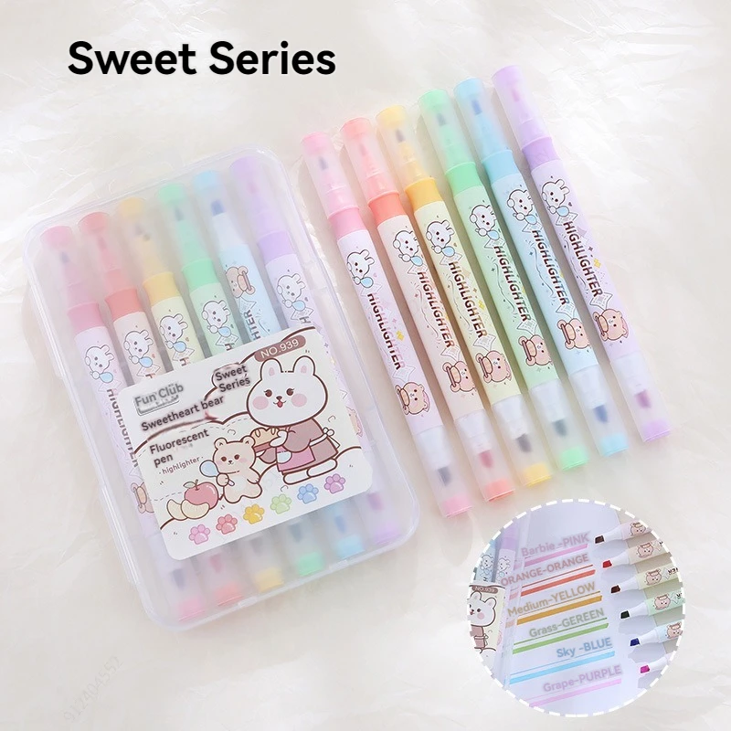 6Pcs/set Double Head Pastel Highlighter Pen kawaii Fluorescent Pen Drawing Highlighters Cute Stationery School Supplies