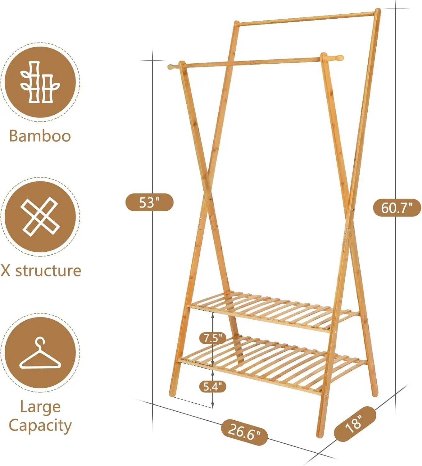 Bamboo Clothing Rack Double Rod Garment Rack with 2 Tier Storage Shelf Closet Organizer for Guest Room, Laundry Room, Apartment, 5