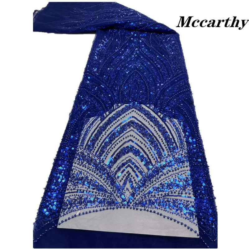 

Mccarthy Latest Gorgeous Bule African Handmade Beads Laces Fabrics Luxury Nigerian Sequins Mesh Lace Fabric For Party Dress