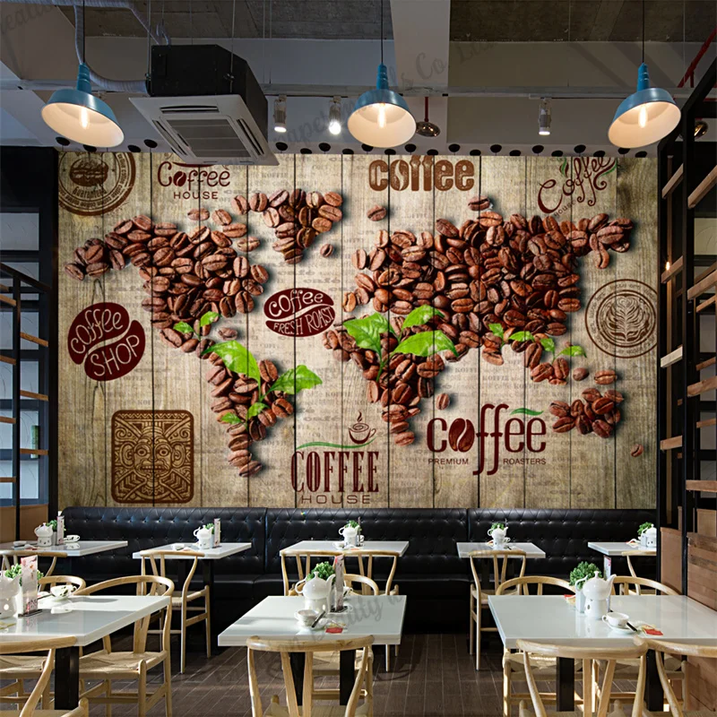 

Retro Nostalgic Coffee Bean World Map Wallpaper Industrial Decor Mural Coffee Shop Cafe Afternoon Tea Restaurant Background Wall